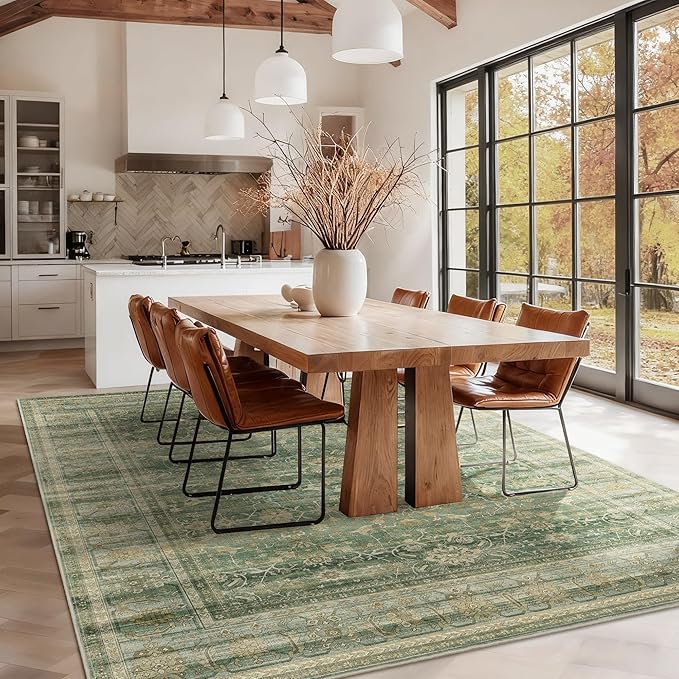 HelloTree Washable Rugs 9x12 Area Rug for Living Room, Vintage Boho Green Rug Non Slip Carpet Retro Accent Indoor Mat Print Distressed Low Pile Throw Large Rug for Office Dining Room Bedside-Green