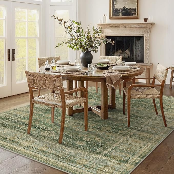 HelloTree Washable Rugs 5x7 Area Rug for Living Room, Vintage Boho Rug Non Slip Carpet Retro Accent Indoor Mat Print Distressed Low Pile Throw Large Rug for Office Bedside-Green