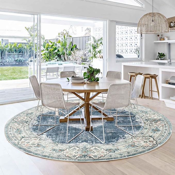 MUJOO Blue Round Rug 6ft,Circle Washable Area Rugs for Bedroom Living Room Bathroom,Boho Large Non Slip Circular Carpet,Floral