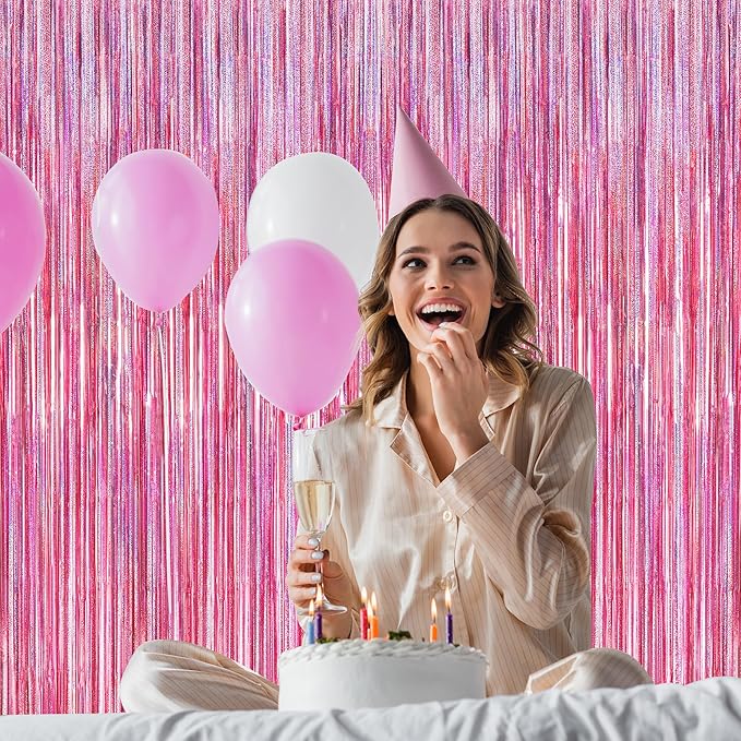 12 Pack Pink Backdrop, 3.28 FT x 7.05 FT Foil Streamers, Metallic Glitter Backdrop Pink Tinsel Fringe Curtains Party Streamers, Pink Birthday Valentines Day Party Decorations Photo Booth Props