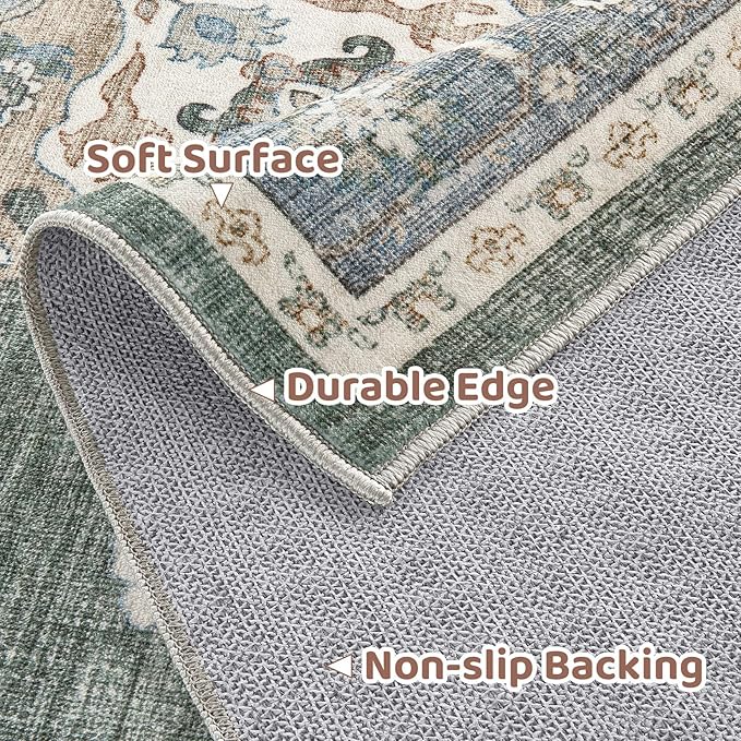 3x5 Washable Entryway Rug: Non-Slip Soft Vintage Floral Indoor Area Rug for Living Room Large Kitchen Entryway Bedroom Bedside, Door Mat Throw Carpet for Laundry Foyer Home Decor (Green)