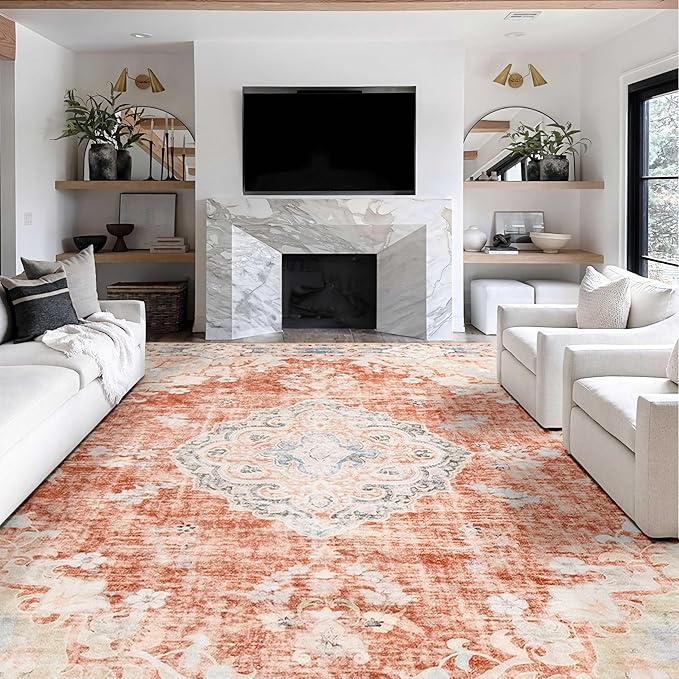 MUJOO 9’x12’ Area Rug Large Rugs for Living Room Orange Rug for Bedroom Dining Room Boho Rug Washable Rug Non Slip Big Carpet Abstract Soft Low-Pile Floral Flowers