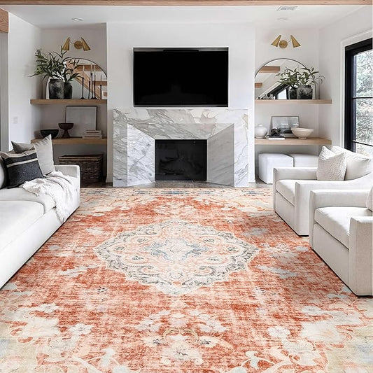 MUJOO 9’x12’ Area Rug Large Rugs for Living Room Orange Rug for Bedroom Dining Room Boho Rug Washable Rug Non Slip Big Carpet Abstract Soft Low-Pile Floral Flowers