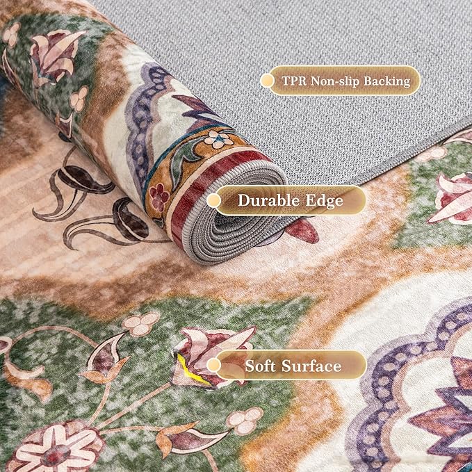 EnHomee Area Rugs 5x7, Soft Washable Rugs for Living Room Bedroom, Boho Non Slip Low Pile Stain Resistant Washable Rug Large Carpet for Dining Room,Easy to Clean Living Room Rug, Red & Green