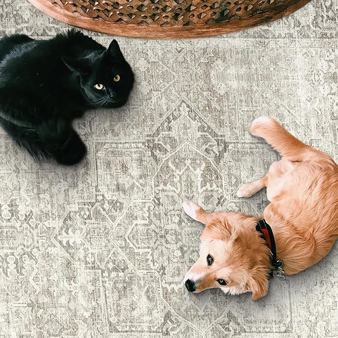 ReaLife Rugs Machine Washable Area Rug - Living Room Bedroom Bathroom Kitchen Entryway Office - Padded Low Pile Stain Resistant Premium - Boho Farmhouse Vintage - Lyle - Beige Ivory 7'6" x 9'6"