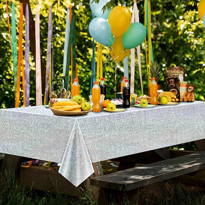 8 pcs Silver Holographic Tablecloths Shiny Disco Laser Table Cloths 40" x 108" Iridescence Plastic White Table Cover for Birthday Party Decoration Wedding Christmas Winter Grad Party Supplies