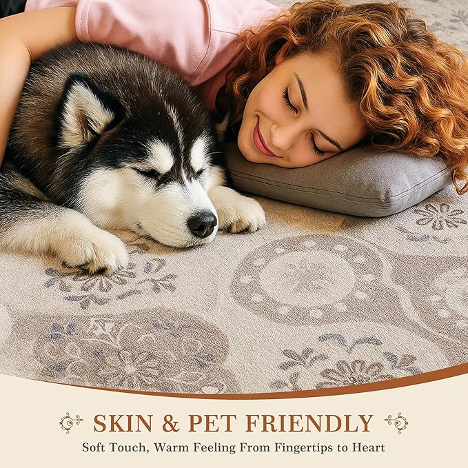 EnHomee 8x10 Area Rug, Soft Washable Rugs for Living Room Bedroom, Boho Non Slip Low Pile Stain Resistant Washable Rug Large Area Rugs for Dining Room,Easy to Clean Living Room Rug, Khaki