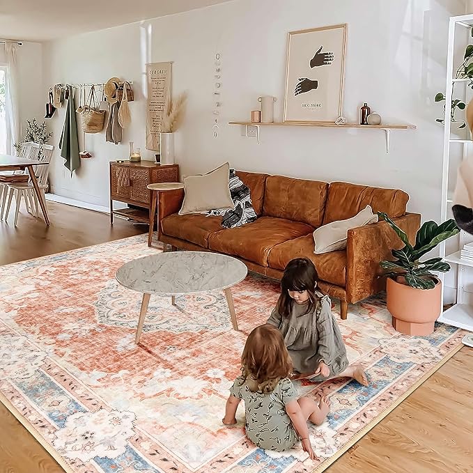 MUJOO 6'x9' Area Rugs for Living Room Washable Rugs Large Boho Carpet for Bedroom Dining Room Neutral Vintage Farmhouse Abstract Non Slip Soft Low-Pile Floral Flowers Orange