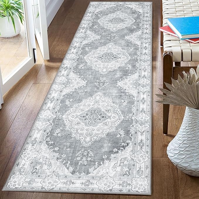 MUJOO Hallway Runner Rug 2'x8' Grey,Long Boho Rug Runners Washable Non Slip Carpet for Entryway Kitchen Bathroom Bedside,Vintage Bohemian Distressed Farmhouse Non Slip Carpet,Floral