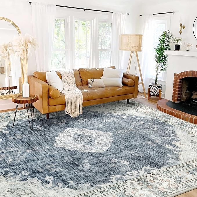 MUJOO Blue Grey Rug 9'x12' Area Rugs for Living Room Dining Room Washable Rugs Large Rug Boho Rug for Bedroom Non Slip Abstract Soft Low-Pile Floral Flowers