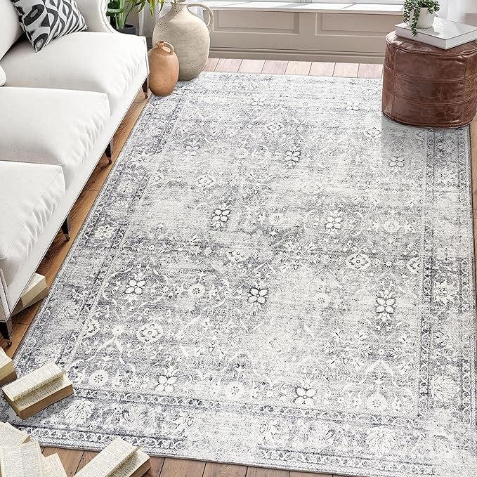 ReaLife Rugs Machine Washable Area Rug - Living Room Bedroom Bathroom Kitchen Entryway Office - Padded Low Pile Stain Resistant Premium - Boho Farmhouse Vintage - Noor - Silver Ivory 7'6" x 9'6"