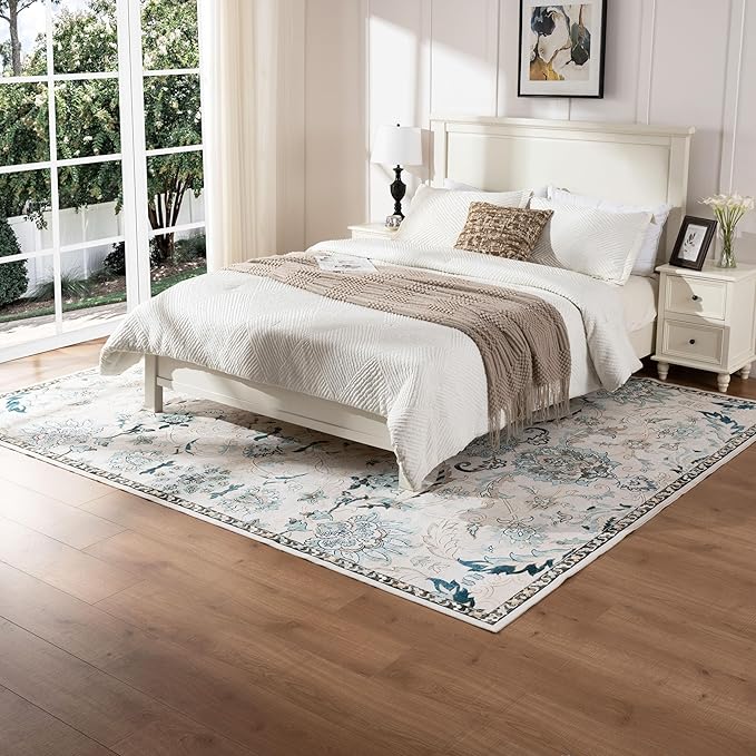 8X10 Area Rug,Washable Vintage Low Pile Rug for Living Room,Non-Slip Rug for Home Decor, Modern Soft Indoor Carpet for Bedroom,Dinning Room,Office,Blue