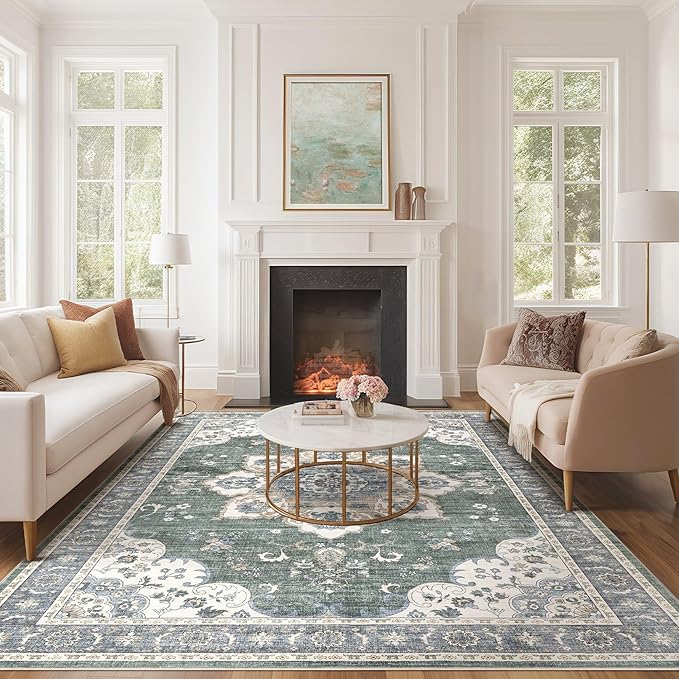 Area Rug for Living Room - 9x12 Soft Washable Oriental Vintage Floral Distressed Large Carpet - Fade Stain Resistant Non Slip Rugs for Bedroom Dining Room Nursery Dorm Office Home Decor - Green