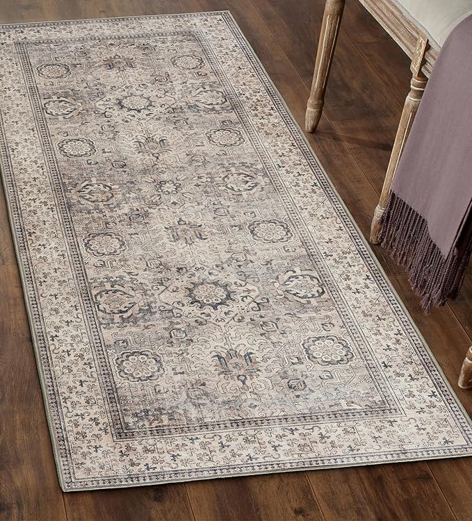 ReaLife Rugs Machine Washable Area Rug - Living Room Bedroom Bathroom Kitchen Entryway Office - Padded Low Pile Stain Resistant Premium - Boho Farmhouse Vintage - Paz - Beige Gray Ivory 2'6" x 6'