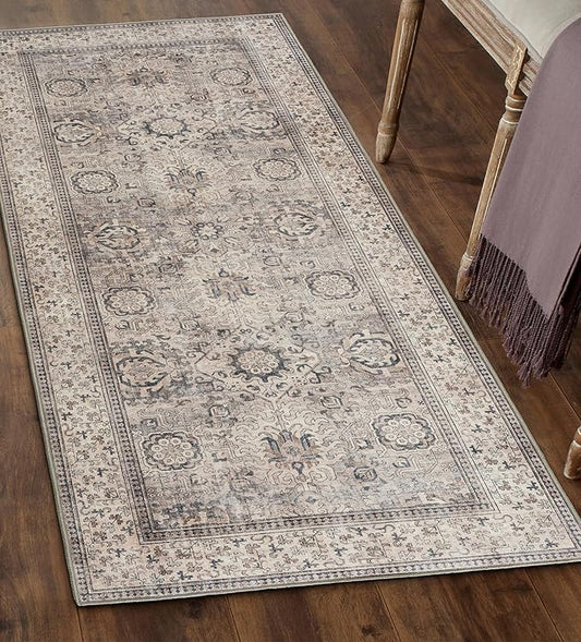 ReaLife Rugs Machine Washable Area Rug - Living Room Bedroom Bathroom Kitchen Entryway Office - Padded Low Pile Stain Resistant Premium - Boho Farmhouse Vintage - Paz - Beige Gray Ivory 2'6" x 10'