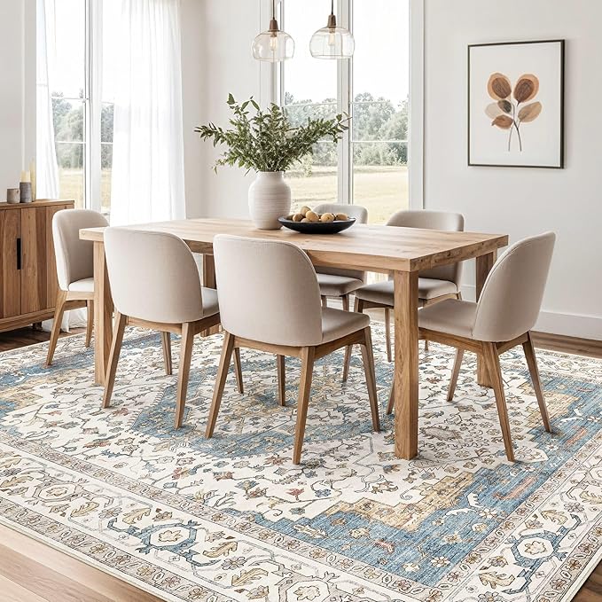 Area Rug for Living Room - 7x9 Soft Washable Oriental Vintage Floral Distressed Large Carpet - Fade Stain Resistant Non Slip Rugs for Bedroom Dining Room Nursery Dorm Office Home Decor - Blue/Beige