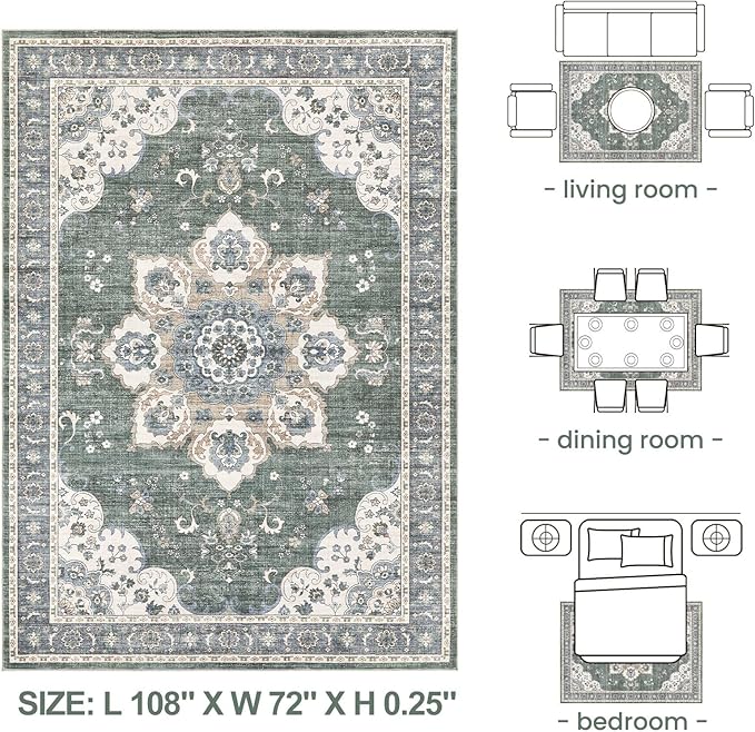 Area Rug for Living Room - 6x9 Soft Washable Oriental Vintage Floral Distressed Large Carpet - Fade Stain Resistant Non Slip Rugs for Bedroom Dining Room Nursery Dorm Office Home Decor - Green