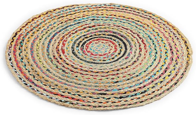 REDEARTH · Jute Cotton Chindi Area Rug - 3' Round Rug, Handwoven, Non-Shedding, Soft & Durable – Multi Tones for Home Décor in Living Room, Dining Room, Bedroom