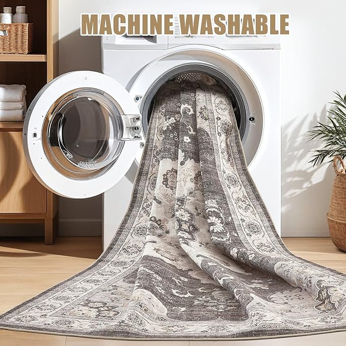 Area Rug for Living Room - 10x14 Soft Washable Oriental Vintage Floral Distressed Large Carpet - Fade Stain Resistant Non Slip Rugs for Bedroom Dining Room Nursery Dorm Office Home Decor - Brown/Grey