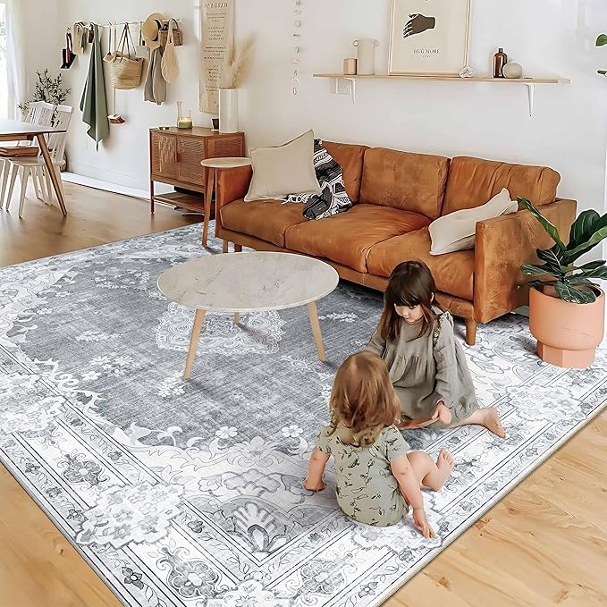 MUJOO Grey Rug 6'x9',Washable Area Rugs for Living Room Bedroom Dining Room, Large Boho Vintage Farmhouse Distressed Non Slip Carpet,Floral Flowers