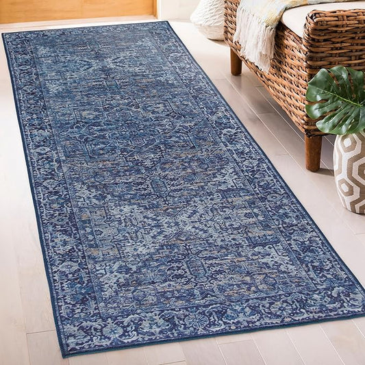 ReaLife Rugs Machine Washable Area Rug Runner - Living Room Bedroom Bathroom Kitchen Entryway Office - Padded Low Pile Stain Resistant Premium - Boho Vintage Traditional - Lyle - Blue 2'6" x 8'