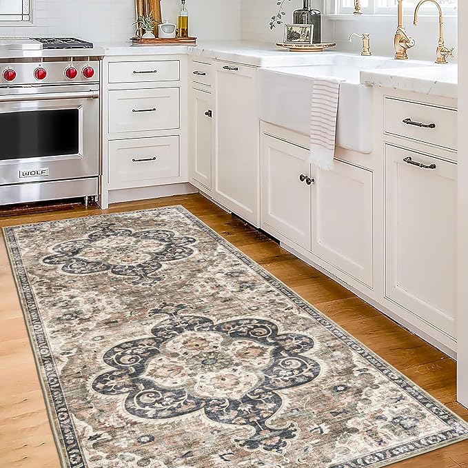 ReaLife Rugs Machine Washable Area Rug Runner - Living Room Bedroom Bathroom Kitchen Entryway Office - Padded Low Pile Stain Resistant Premium - Boho Farmhouse Vintage - Joy - Brown Beige 2'6" x 6'