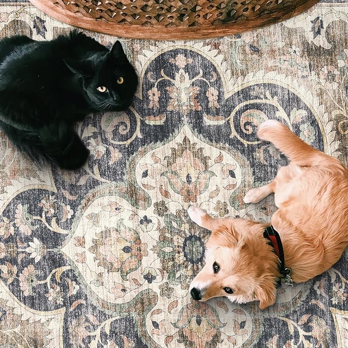 ReaLife Rugs Machine Washable Area Rug - Living Room Bedroom Bathroom Kitchen Entryway Office - Non Slip Low Pile Stain Resistant Premium - Boho Farmhouse Vintage - Joy - Brown Beige 6' Round