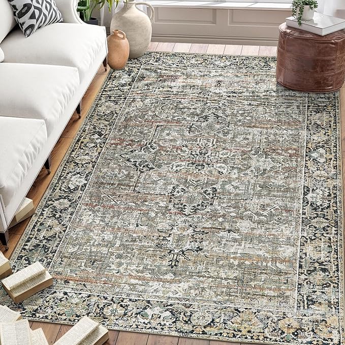 ReaLife Rugs Machine Washable Area Rug Runner - Living Room Bedroom Bathroom Kitchen Entryway Office - Padded Low Pile Stain Resistant Premium - Boho Farmhouse Vintage - Lyle - Brown 3' x 5'