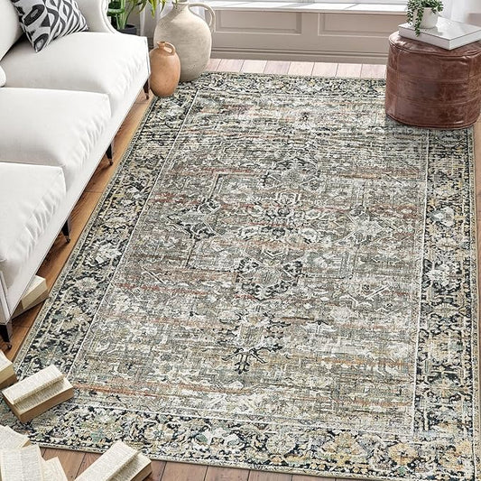 ReaLife Rugs Machine Washable Area Rug Runner - Living Room Bedroom Bathroom Kitchen Entryway Office - Padded Low Pile Stain Resistant Premium - Boho Farmhouse Vintage - Lyle - Brown 3' x 5'