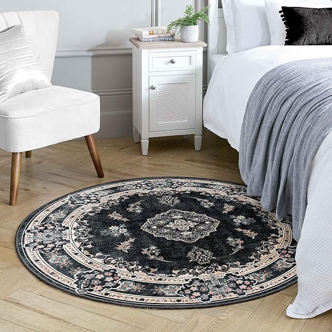MUJOO Black Round Rug 4ft,Circle Washable Area Rugs for Bedroom Living Room Bathroom,Vintage Bohemian Distressed Farmhouse Non Slip Circular Carpet,Floral