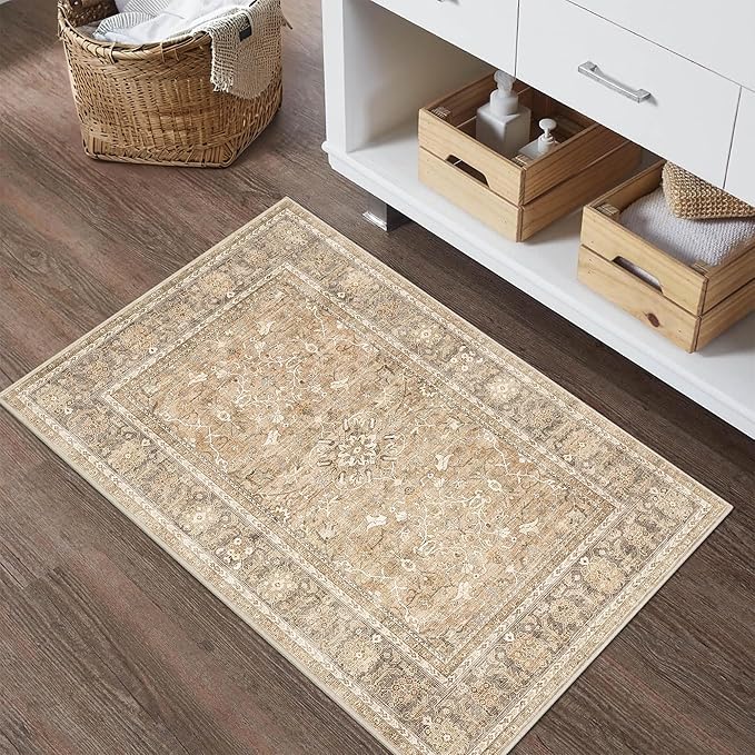 HelloTree 2x3 Entryway Rug Washable Vintage Print Door Mat Kitchen Rugs for Front Door Bedroom Living Room Entrance Small Soft Traditional Distressed Carpet Folable for Room Bedside-Khaki