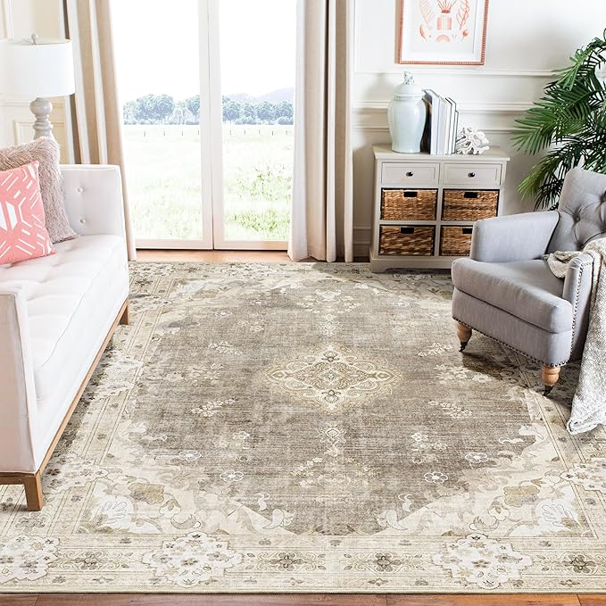 MUJOO Beige Rug 6'x9',Washable Area Rugs for Living Room Bedroom Dining Room, Large Boho Vintage Farmhouse Distressed Non Slip Carpet,Floral Flowers