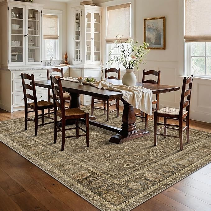 HelloTree Washable Rugs 5x7 Area Rug for Living Room, Vintage Boho Brown Rug Non Slip Carpet Retro Accent Indoor Mat Print Distressed Low Pile Throw Large Rug for Office Bedside-Brown