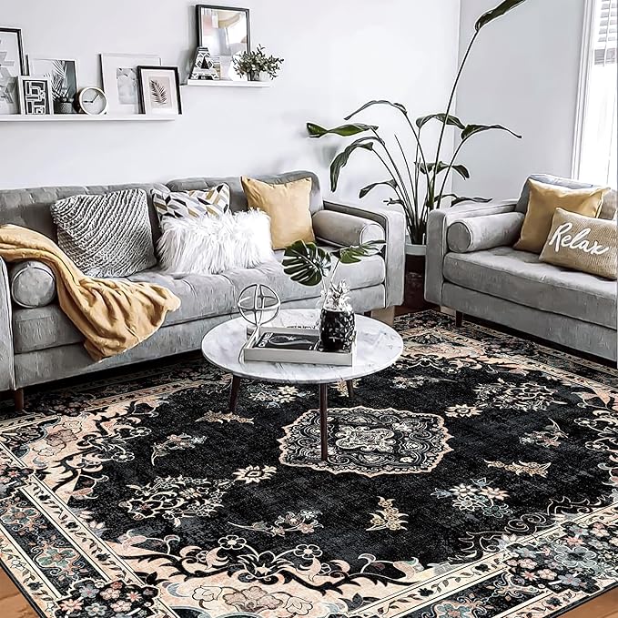 MUJOO Black Rug 8'x10' Area Rugs for Living Room Bedroom Dining Room,Large Washable Boho Bohemian Vintage Distressed Farmhouse Non Slip Carpet, Floral Flowers