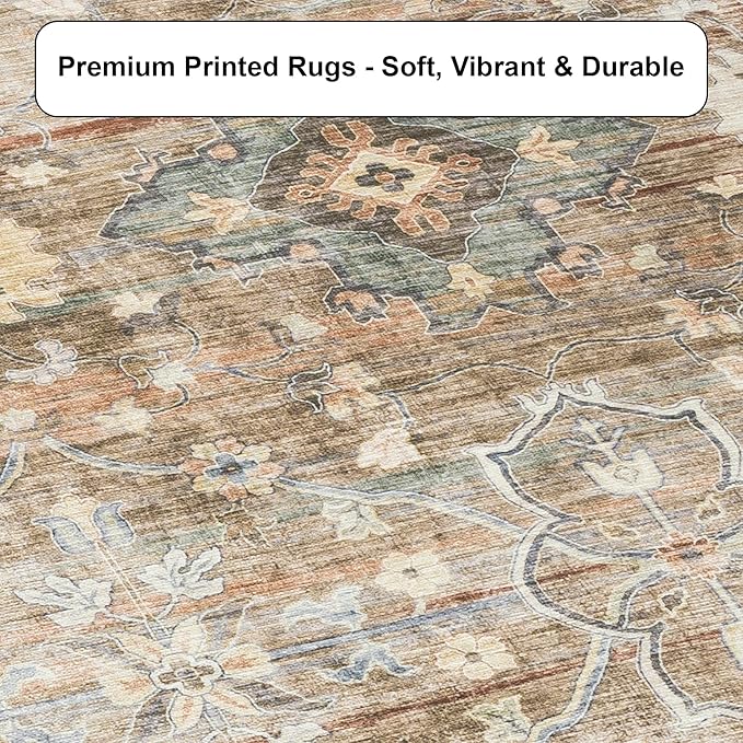 ReaLife Rugs Machine Washable Area Rug - Living Room Bedroom Bathroom Kitchen Entryway Office - Padded Low Pile Stain Resistant Premium - Boho Farmhouse Vintage - BEV - Beige Tan Brown 5' x 7'