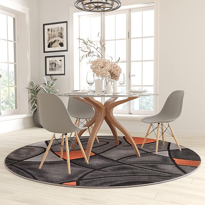 Masada Masada Rugs Trendz Collection 7'x7' Round Modern Contemporary Round Area Rug in Orange, Gray, and Black
