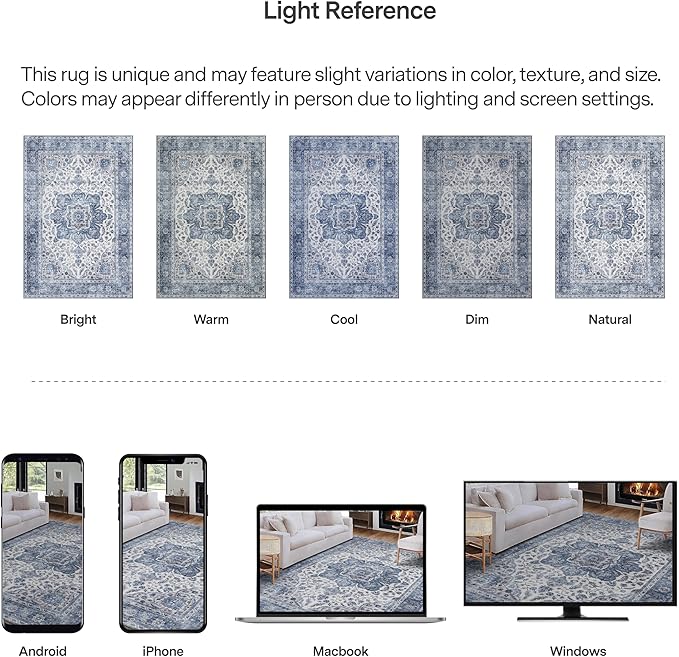 ReaLife Rugs Machine Washable Area Rug Runner - Living Room Bedroom Bathroom Kitchen Entryway Office - Padded Low Pile Stain Resistant Premium - Boho Farmhouse Vintage - Joy - Blue Ivory 2'6" x 6'