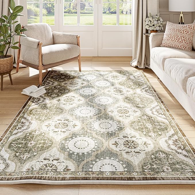 EnHomee Area Rugs 3x5, Soft Washable Rugs for Living Room Bedroom, Boho Non Slip Low Pile Stain Resistant Washable Rug Large Carpet for Dining Room,Easy to Clean Living Room Rug, Green