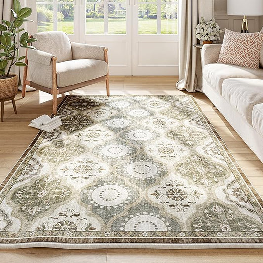 EnHomee Area Rugs 3x5, Soft Washable Rugs for Living Room Bedroom, Boho Non Slip Low Pile Stain Resistant Washable Rug Large Carpet for Dining Room,Easy to Clean Living Room Rug, Green