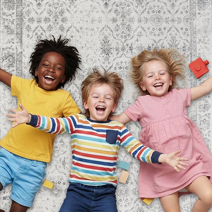 ReaLife Rugs Machine Washable Area Rug Runner - Living Room Bedroom Bathroom Kitchen Entryway Office - Padded Low Pile Stain Resistant Premium - Boho Farmhouse Vintage - Noor - Ivory Grey 2'6" x 8'