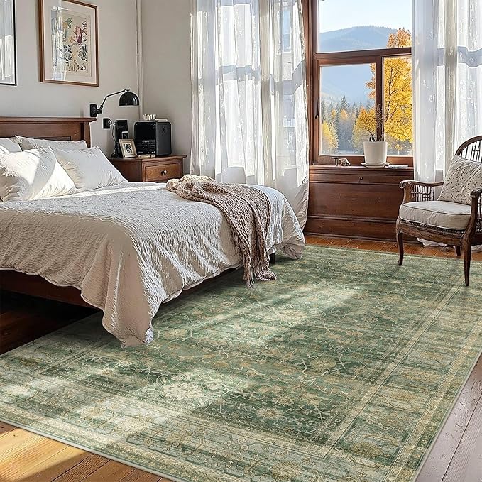 HelloTree Washable Rugs 6x9 Area Rug for Living Room, Vintage Boho Green Rug Non Slip Carpet Retro Accent Indoor Mat Print Distressed Low Pile Throw Large Rug for Office Bedside-Green
