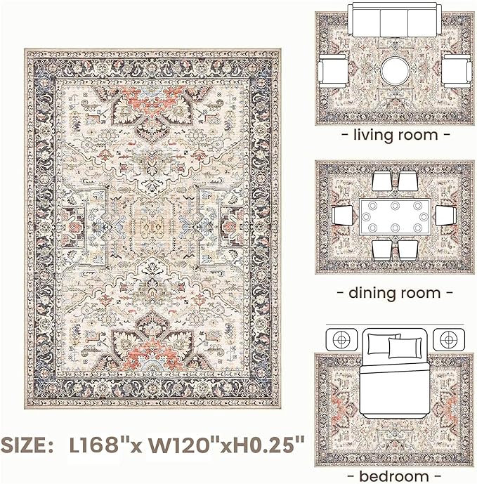 10x14 Area Rugs for Living Room - Large Carpet Ultra Thin Soft Washable Oriental Vintage Floral Distressed Rug Big Indoor Carpets for Bedroom Nursery Dorm Home Decor Aesthetic - Multi