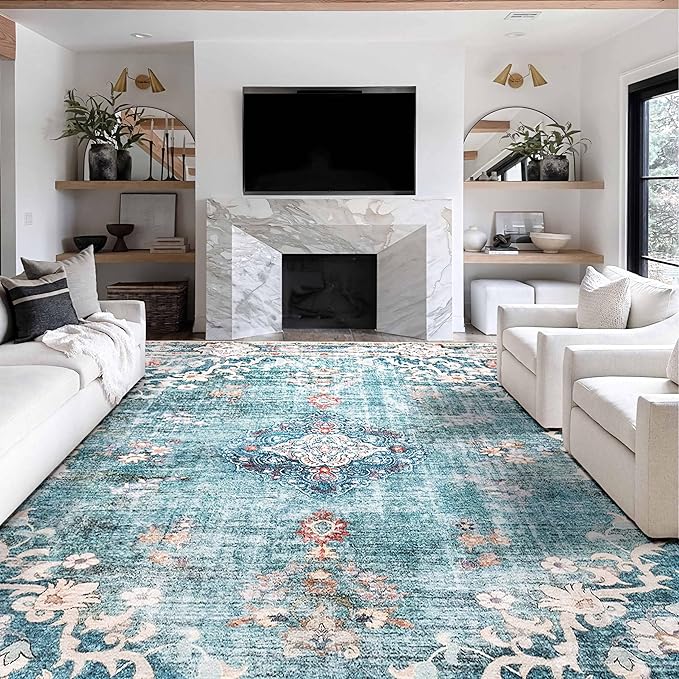 MUJOO 9’x12’ Area Rug Large Rugs for Living Room Teal Rug for Bedroom Dining Room Boho Rug Washable Rug Non Slip Big Carpet Abstract Soft Low-Pile Floral Flowers