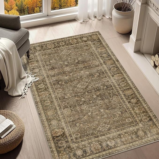 HelloTree Vintage Area Rug 4x6 Brown Entryway Office Washable Carpet Non Slip Backing Printed Distressed Rugs for Bedroom Vintage Boho Tribal Area Rugs for Bathroom Bedroom Dining Living Room-Brown