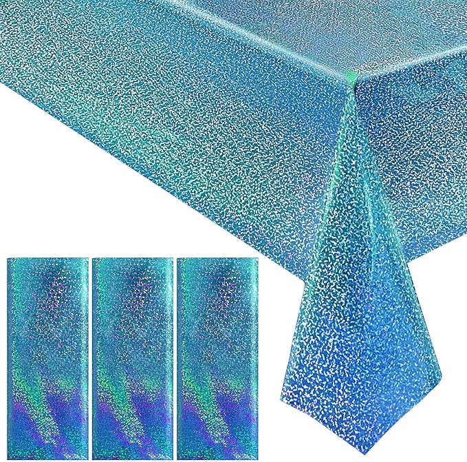 3pcs Blue Holographic Laser Tablecloths 40" x 108" Plastic Table Cloths for Parties Shimmer Shiny Party Decoration for Winter Ocean Princess Birthday Party Wedding Baby Shower Christmas Decor
