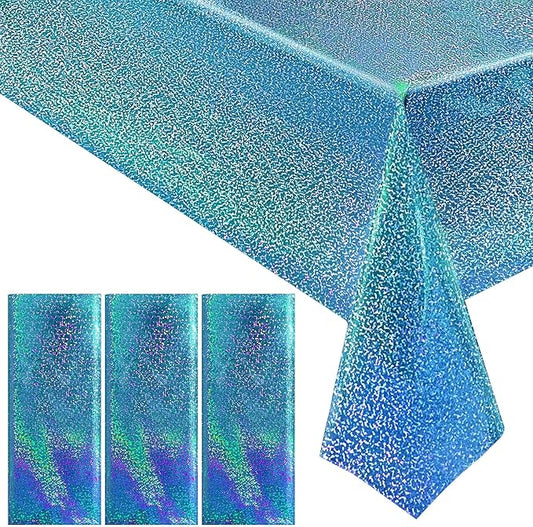 3pcs Blue Holographic Laser Tablecloths 40" x 108" Plastic Table Cloths for Parties Shimmer Shiny Party Decoration for Winter Ocean Princess Birthday Party Wedding Baby Shower Christmas Decor