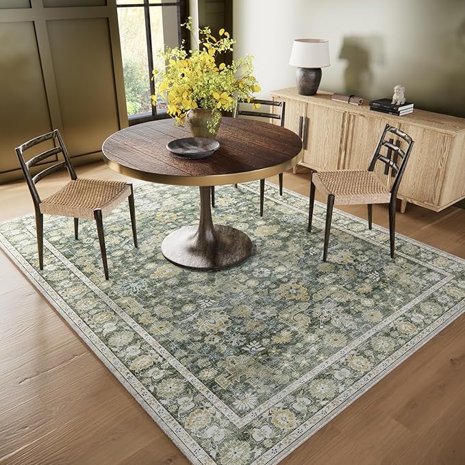 6x9 Washable Rug Vintage Fade Resistant Boho Distressed Non-Slip Indoor Large Carpet Low Pile Lightweight & High-Traffic Safe for Bedroom, Dorm, Playroom - Farmhouse Decor