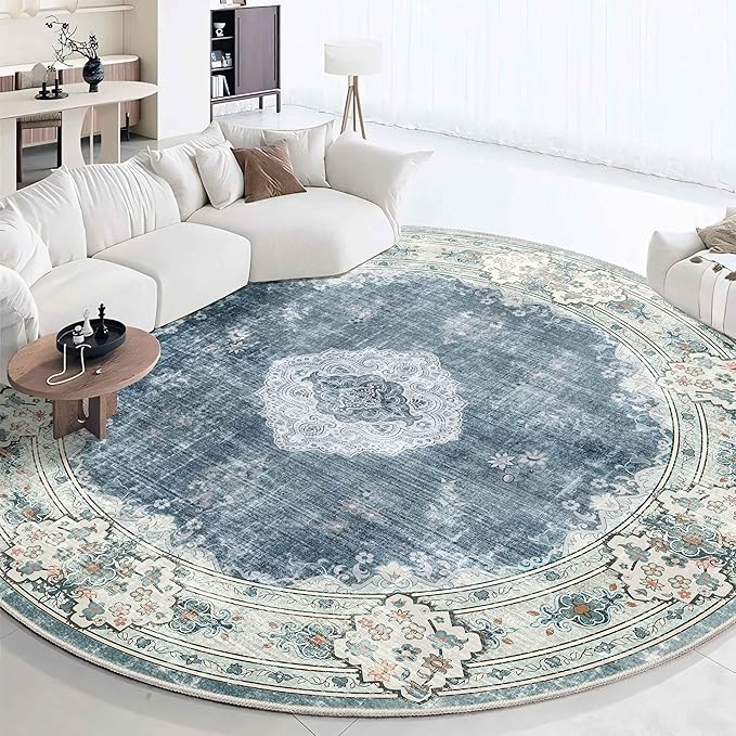 MUJOO Blue Round Rug 9ft,Large Circle Washable Area Rugs for Bedroom Living Room Bathroom,Boho Non Slip Circular Carpet,Floral