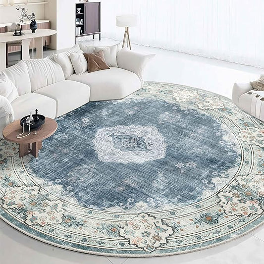 MUJOO Blue Round Rug 9ft,Large Circle Washable Area Rugs for Bedroom Living Room Bathroom,Boho Non Slip Circular Carpet,Floral