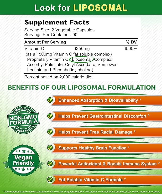 aSquared Nutrition Vitamin C Liposomal Complex - 1500mg Supplement - 180 Capsules - High Absorption VIT C Ascorbic Acid Pills - Supports Immune System & Collagen Health - 90 Servings